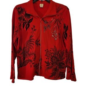 Jess & JaneLace Works Red Floral Print Zip Up Jacket 1X Rhinestone Embellished